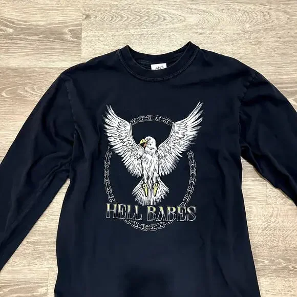 Hell Babes Graphic Long Sleeve Eagle Chain Print Top Black Medium89 - Picture 13 of 15
